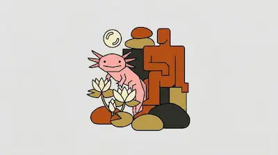 Flat illustration of a pink axolotl next to a seated brown human figure, water lilies, and smooth stones on a gray background