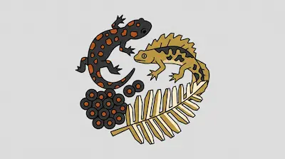 Flat illustration of a spotted salamander, a crested newt, a cluster of eggs, and a fern leaf on a gray background