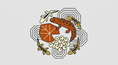 Flat illustration of an orange spotted newt, a lily pad, and frog eggs surrounded by geometric line patterns