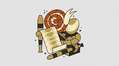 A collection of stylized objects including a spiral shell, a patterned scroll, striped clubs, and a speckled egg.