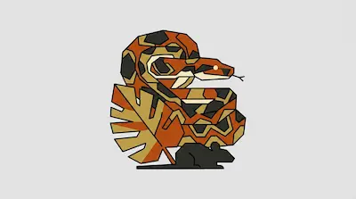 A coiled snake with geometric patterns in orange, tan, and black sits next to a large leaf and a small mouse silhouette.