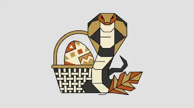 A stylized cobra stands next to a woven basket containing a patterned egg and a single autumn leaf.