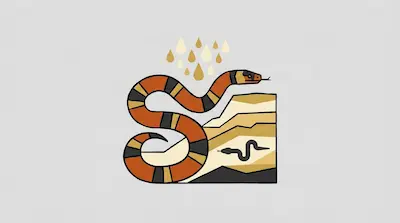 A coral snake with red, black, and yellow bands coiled in an S-shape beside a cross-section of underground burrow layers, a smaller snake silhouette, and rain droplets on a light gray background
