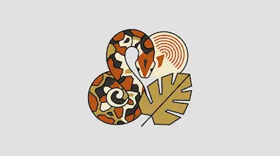 A stylized snake with orange and black patterns coiled near a golden monstera leaf and a circular graphic with concentric lines.