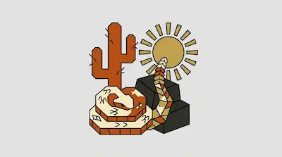 A geometric rattlesnake coiled in front of a cactus and dark rocks under a sun.