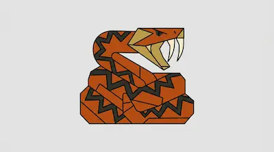 A geometric, orange and black coiled snake with an open mouth and visible fangs.