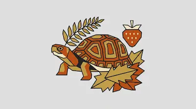 A geometric turtle surrounded by a fern leaf, a strawberry, and autumn leaves.