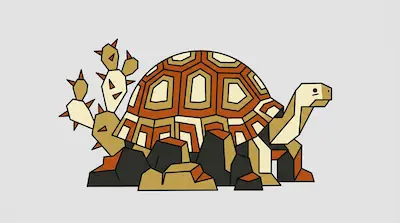 A geometric tortoise with a patterned shell stands beside a prickly pear cactus and several rocks.