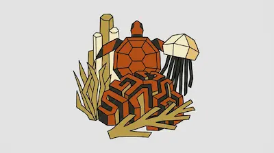 A geometric, low-poly sea turtle surrounded by a jellyfish, coral, and sea grass.