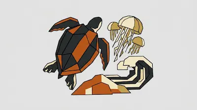 A geometric sea turtle swims toward jellyfish above a stylized wave.