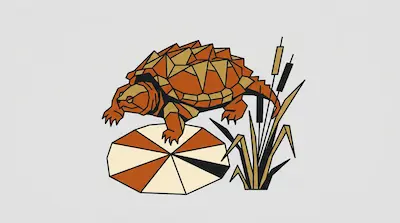 A geometric snapping turtle in orange and tan stands on a circular platform next to cattails.