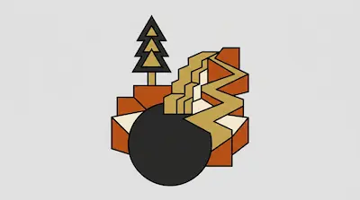 A stylized, geometric landscape featuring a black circle, an evergreen tree, and angular orange and tan shapes.