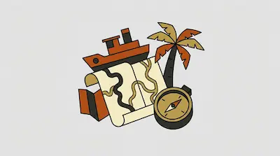 A stylized ship, map, palm tree, and compass.