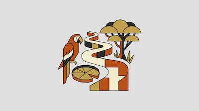 A geometric scene featuring a parrot, a winding river, a tree, and a lily pad in earth tones.