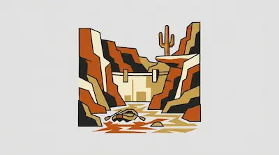 Flat illustration of Colorado River with winding blue course through stratified rock canyons and cliffs