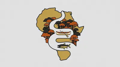 Flat illustration of Congo River with winding waterway, tropical forest trees, and river fish