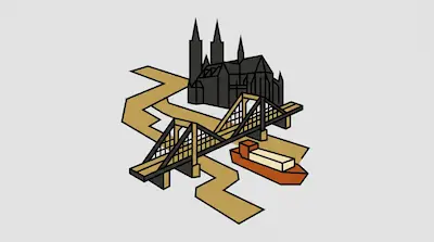 A dark grey cathedral with spires stands behind a yellow bridge crossing a winding tan river with an orange cargo ship.
