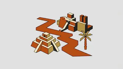 Euphrates River depicted with orange winding course, ancient buildings, sand dunes, and palm tree
