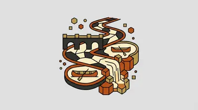 A winding river with two canoes, an arched bridge crossing it, and a waterfall cascading over stacked blocks at the end.