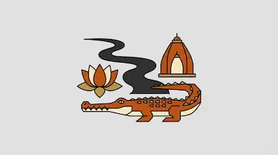 Ganges River depicted with sacred lotus flower, winding waterway, temple dome, and gharial