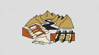 Indus River flowing between golden mountains with terraced structure, white marine creature, and orange slopes.
