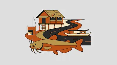Flat illustration of the Mekong River with stilt villages, catfish, and wooden boats