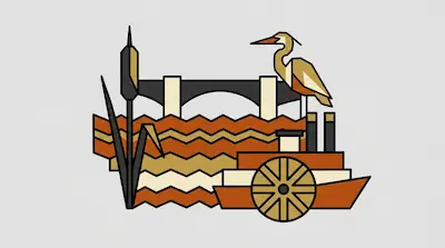 A heron perches on a bridge above a paddle steamer and zigzagging water in a stylized river scene.