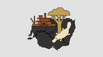 Flat illustration of Murray River with winding waterway, paddle-wheel steamboat, and tree