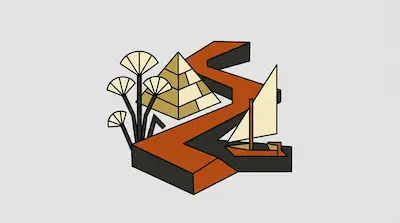 A stylized isometric scene featuring a pyramid, papyrus plants, and a sailboat on a winding orange path.