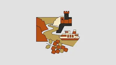 Rhine River with winding waterway, riverside castle, paddle steamer, and cargo bricks