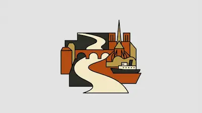 Flat illustration of Seine River with winding cream course, historic cathedral spire, and boat