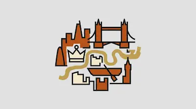 London's Thames River shown with Big Ben, Tower Bridge, a crown, and winding waterway in orange and gold illustration