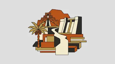 Tigris River with ancient orange stepped buildings, cream architecture, fish skeleton, and winding waterway.
