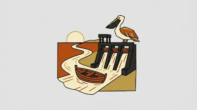 Volga River illustrated with a multi-gate dam, pelican, flowing water, and sunset sky in orange, cream, and black tones