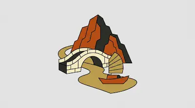 A stylized mountain, stone arch bridge, and small boat on a river.