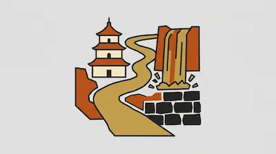 Yellow River shown with pagoda tower, winding waterway, shield emblem, and brick fortifications in orange and cream tones
