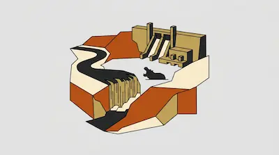 Zambezi River shown with hippopotamus, winding waterway, dam and spillway gates in orange and cream illustration
