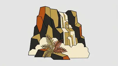 A stylized waterfall cascades down a geometric rocky cliff in earth tones with a fern-like plant at the base.