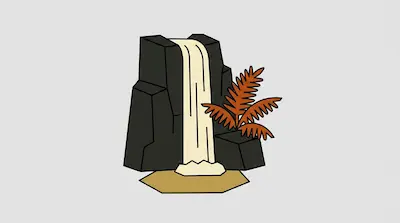 A stylized waterfall flows between dark rocks with a brown fern on the right.