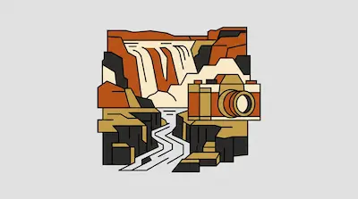 Flat illustration of Dettifoss showing cascading waters plunging down orange basalt cliffs with a camera element.