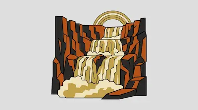 A stylized, multi-tiered waterfall flows between jagged orange and black cliffs beneath a tan arch.