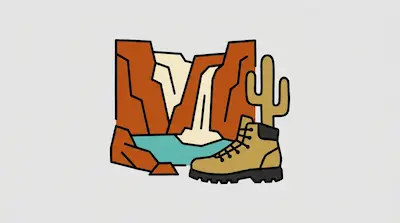 Havasu Falls shows turquoise water in a red canyon, hiking boots, saguaro cactus, and rocks