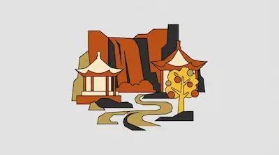 Flat illustration of Huangguoshu Waterfall with cascading waters, pagodas, and orange rocky formations