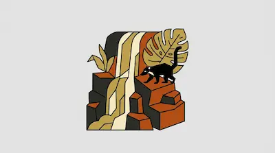 A black animal with a long tail walks across geometric rocks next to a stylized waterfall and tropical leaves.
