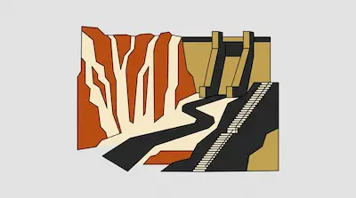 Flat illustration of Jog Falls with winding canyon river, vertical cliff formations in rust and black