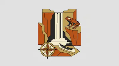 Flat illustration of Kaieteur Falls with white waterfall cascade, gorge, orange frog, and compass rose