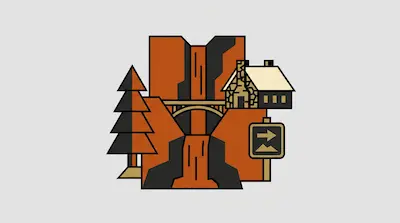 Flat illustration of Multnomah Falls with tiered waterfall, bridge, lodge, and evergreen trees