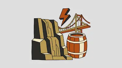 Niagara Falls depicted with rock formations, wooden barrel, suspension bridge, and lightning