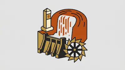 Niagara Horseshoe Falls illustration showing a lighthouse, curved waterfall, and ship's wheel