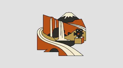 Flat illustration of Seljalandsfoss waterfall with cascading white water, cliffs, and cameras